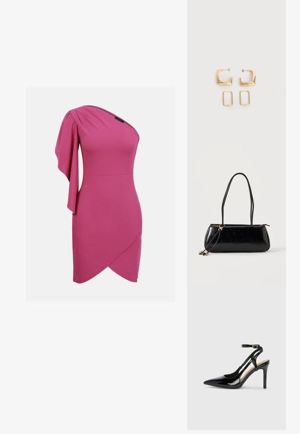 Robe fuchsia rose à une épaule avec manche drapée sur le côté gauche et ourlet asymétrique style portefeuille.; Escarpin en cuir verni noir à talon haut, avec un bout pointu, une bride réglable à la cheville et des côtés ouverts. Texture lisse.; Sac à main rectangulaire noir avec deux longues bandoulières, détail anneau doré et fermeture éclair sur un fond clair uni.; Deux paires de Boucles d'oreilles créoles géométriques dorées sur une surface blanche unie, une paire carrée et pleine, une paire rectangulaire et creuse.