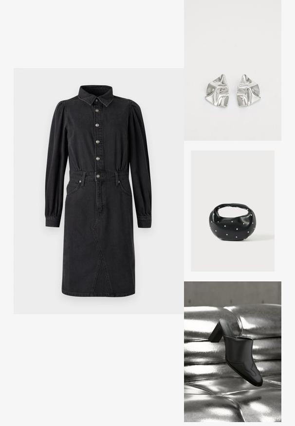 Zwarte denim jurk met een knoopsluiting aan de voorkant, spitse kraag, elastische taille, lange puffmouwen en twee zijzakken.; Zwarte leren mule met blokhak, rustend op een glanzend zilveren gestoffeerde oppervlakte, die het strakke ontwerp en de afgeronde details benadrukt.; Zwarte leren handtas met een afgeronde vorm, versierd met zilveren studs, en een korte handgreep. Gladde textuur en ritsluiting.; Zilveren metalen oorbellen met een golvend, sculpturaal ontwerp, voorzien van een gepolijste afwerking en onregelmatige vormen, die een hedendaagse esthetiek benadrukken.