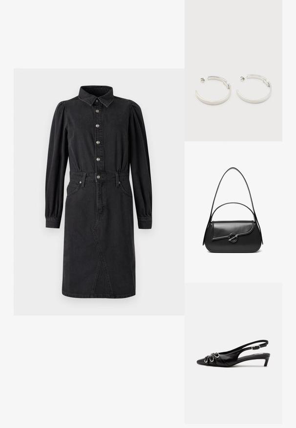 Sort denimkjole med knaplukning foran, spidse krave, elastisk talje, lange pufærmer og to sidelommer.; Sort læder slingback sko med spids tå, tre sølvspænder på forsiden og lav lille hæl på hvid baggrund.; Sort skuldertaske i læder med en buet klap, der er fastgjort med en rund metal spænde, og en slank, justerbar rem.; Sølvfarvede halvcirkelformede creoler med riflet tekstur og trykknapslukning på hvid baggrund.