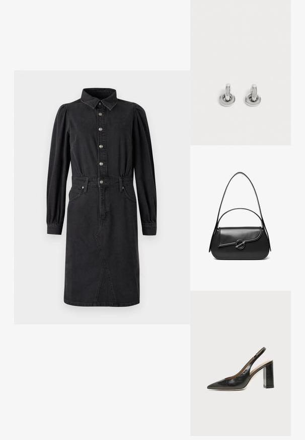 Vestido de mezclilla negra con cierre de botones en la parte delantera, cuello puntiagudo, cintura elástica, mangas largas abullonadas y dos bolsillos laterales.; Zapato slingback de piel negra con puntera puntiaguda, tacón alto y ancho, y forro interior beige sobre un fondo claro y liso.; Bolso de hombro de cuero negro con una solapa curva asegurada por un broche metálico redondo y una correa delgada y ajustable.; Par de pequeños pendientes de aro plateados brillantes con base redonda, exhibidos sobre un fondo claro y liso.