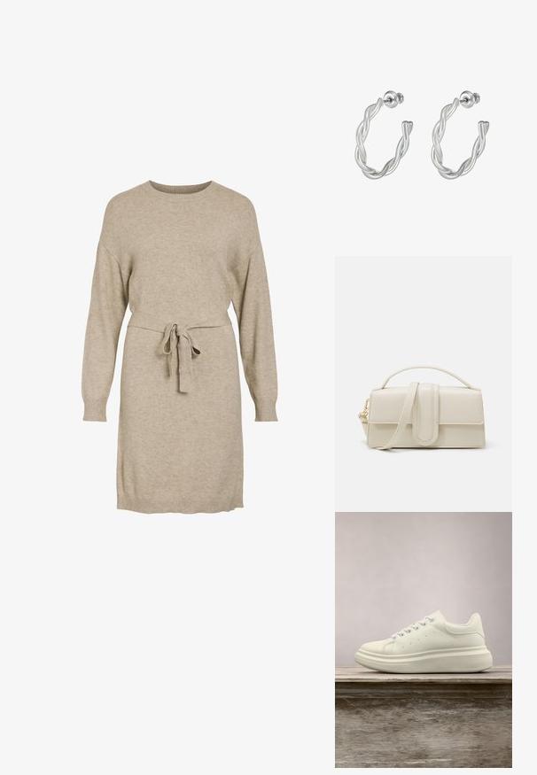 Beiges Strickkleid mit langen Ärmeln, Rundhalsausschnitt und einem Bindegürtel in der Taille. Mit gerippten Bündchen und Saum für einen Texturkontrast.; Weißer Ledersneaker mit rundem Zehenbereich, glatter Textur und kontrastierenden Schnürsenkeln. Verfügt über Belüftungslöcher und eine dicke Gummisohle für Komfort.; Cremfarbene Lederhandtasche mit rechteckiger Form, flachem Griff und abnehmbarem Schulterriemen; verfügt über einen vorderen Klappverschluss mit Magnetverschluss.; Gewundene silberne Creolen mit einer glatten Oberfläche und einer Pousette-Verschluss, die ein modernes, verflochtenes Design zeigen.