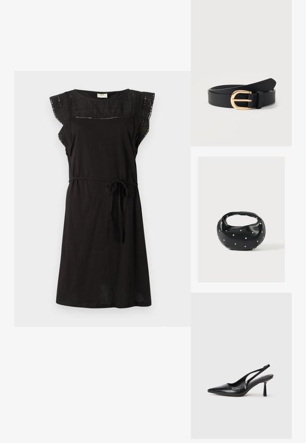 Vestido negro con mangas cortas y acampanadas, de corte relajado. Presenta un cinturón en la cintura y un panel superior texturizado. Fabricado con una tela suave.; Zapato de tacón alto negro de cuero con puntera afilada y tacón delgado sobre un fondo blanco.; Bolso de mano de cuero negro con forma redondeada, decorado con detalles de tachuelas plateadas y un asa corta. Textura lisa y cierre con cremallera.; Cinturón de cuero negro enrollado con una hebilla curva dorada brillante y una trabilla en un fondo blanco liso.