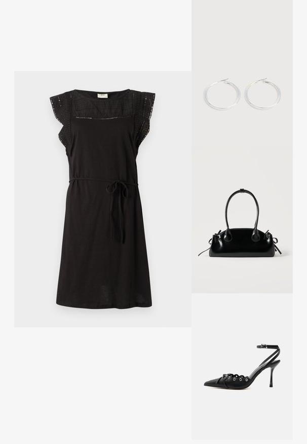 Schwarzes Kleid mit kurzen, rüschierten Ärmeln und lockerer Passform. Verfügt über einen Gürtel in der Taille und ein strukturiertes Oberteil. Hergestellt aus weichem Stoff.; Schwarzer, spitzer High-Heel-Schuh mit geschwungenen Kanten, Metallösen, Schnürung vorne und Knöchelriemen mit Schnallverschluss.; Kleine schwarze glänzende Handtasche mit zwei langen Griffen und seitlichen Kordelzug-Details vor einfachem hellem Hintergrund.; Paar glänzende silberne Creolen mit dünnen Drahtverschlüssen, dargestellt vor einem hellgrauen Hintergrund.