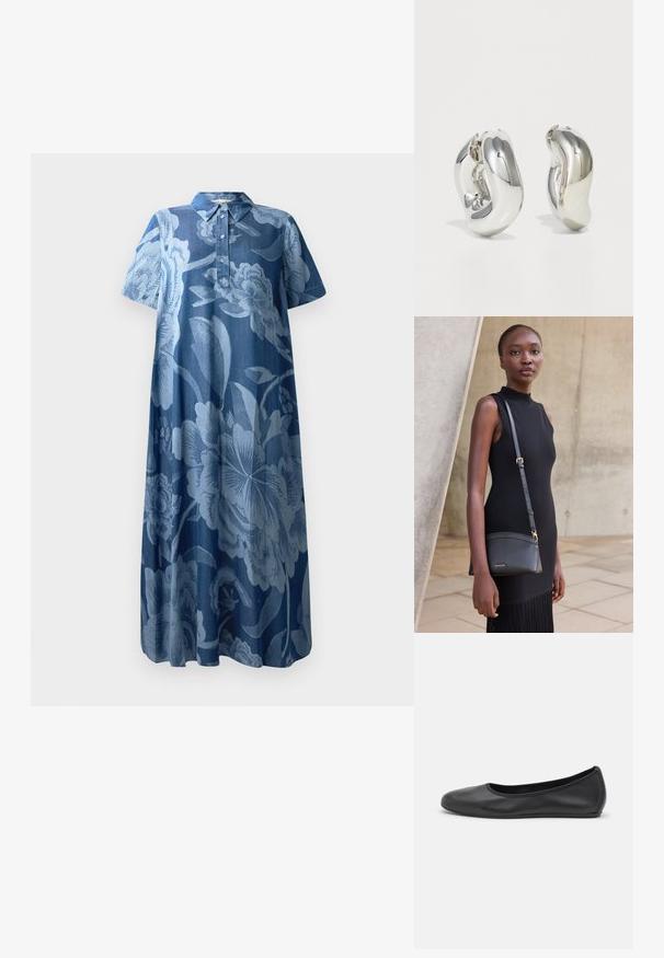 Denimmekko lyhyillä hihoilla, vaaleansininen kukkakuosi ja kauluspääntie. Varustettu napituslistalla ja rentolla, valuvalle muodolle.; Musta nahkainen ballerina, jossa on pyöristetty kärki, sileä pinta, minimaalinen ommelkoristelu ja joustava pohjamuotoilu.; Nuori nainen hihattomassa mustassa mekossa, kantaa mustaa nahkaista olkalaukkua, seisoo vaaleaa betoniseinätaustaa vasten.; Hopeista valmistetut veistokselliset korvakorut, joissa on sileät, kaarevat muodot ja heijastavat pinnat. Korvakoruissa on suljettu rengasdesign ja selkeä orgaaninen muoto.