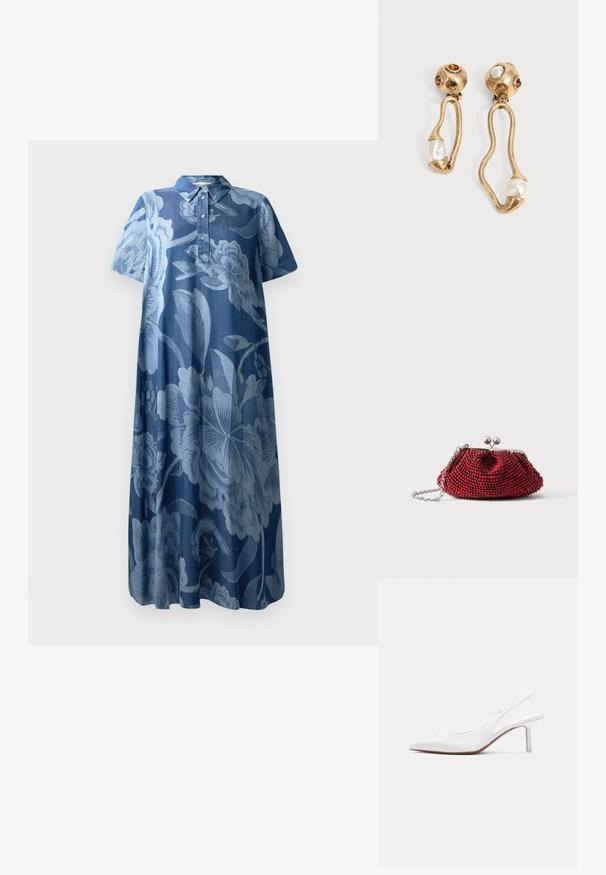 Denimkleid mit kurzen Ärmeln, floralen Muster in Hellblau und Kragen. Verfügt über eine Knopfleiste und eine lockere, fließende Form.; Damen-Slingback-Schuh aus weißem Leder mit spitzer Spitze, niedrigem Kitten-Heel und kleiner dekorativer Schleife oben, seitlich dargestellt.; Kleine rote Perlen-Clutch mit silbernem Verschluss und Kettenriemen auf weißem Hintergrund.; Ohrringe in Goldton mit unregelmäßigen offenen Formen, jeweils mit einer Perle am unteren Ende und Edelsteindetails an den runden Steckern.