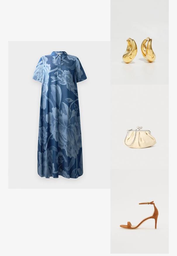 Denimkjole med korte ærmer, blomsterprint i lyseblå, og krave. Har en knaplukning og en løs, svævende pasform.; Brune ruskinds højhælede sandal med en tynd ankelrem med en guldspænde, åben tå og et stilrent, minimalistisk design.; Plisseret beige læderclutch med en sølvmetalramme, der har to runde dekorative låse og en sølvkædetrasporte.; Guldringeøreringe med en glat, buet form og poleret overflade. Udstyret med en lukkeanordning og lette fordybninger for detaljer.