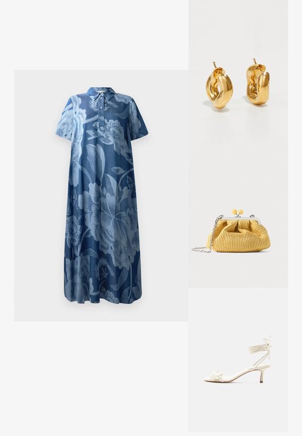 Denimkjole med korte ærmer, blomsterprint i lyseblå, og krave. Har en knaplukning og en løs, svævende pasform.; Kremfarvet sandal med lave hæle, bindebånd om anklen og en bred snoet rem over tæerne på en ensartet hvid baggrund.; Lille gul vævet håndtaske med sølvramme, to gule kuglelåse og en sølvkæde som rem på hvid baggrund.; Chunky guld hoop øreringe med et let snoet, rørformet design og postsystem bagpå, på en hvid baggrund.
