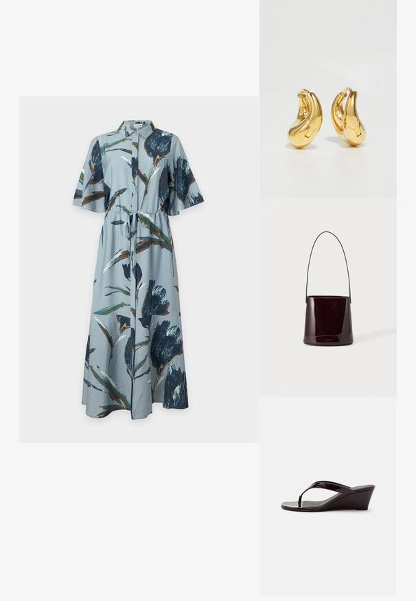 Light blue maxi dress with dark blue and brown floral print, short sleeves, collar, button front, and a tie at the waist.; Brown patent leather wedge sandal with a thong strap and open toe, shown in side profile on a plain background.; Dark brown glossy bucket handbag with a long thin strap and minimal visible stitching on a light background.; Gold hoop earrings with a smooth, curved shape and polished finish. Features a clasping mechanism and slight indentations for detail.