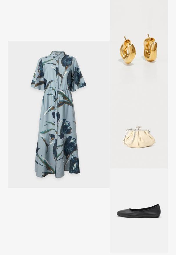 Robe maxi bleu clair avec imprimé floral bleu foncé et marron, manches courtes, col, boutonnière devant et ceinture à nouer à la taille.; Ballerines en cuir noir avec un bout rond, texture lisse, détails de couture minimalistes et design de semelle flexible.; Pochette en cuir beige plissé avec un cadre en métal argenté, dotée de deux fermoirs ronds décoratifs et d'une chaîne en argent.; Boucles d'oreilles créoles en or massif avec un design tubulaire légèrement tordu et des fermoirs à tige sur un fond blanc.