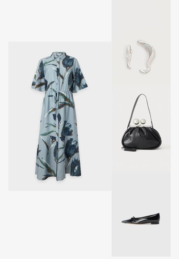 Robe maxi bleu clair avec imprimé floral bleu foncé et marron, manches courtes, col, boutonnière devant et ceinture à nouer à la taille.; Chaussure plate en cuir verni noir avec un bout pointu, une petite lanière décorative et un petit talon carré. Texture lisse et design épuré.; Sac à main en cuir noir avec un design plissé, une sangle unique, un cadre métallique argenté et deux grandes fermoirs ronds en argent.; Deux boucles d'oreilles argentées courbées, l'une plus grande que l'autre, toutes deux ornées de petits cristaux scintillants le long d'un bord.