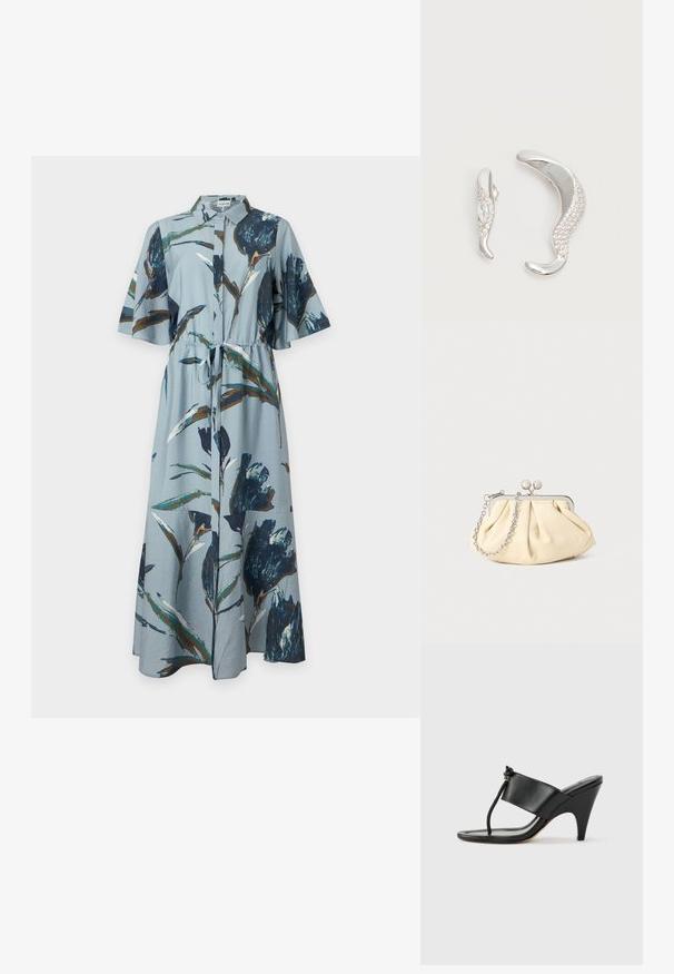 Light blue maxi dress with dark blue and brown floral print, short sleeves, collar, button front, and a tie at the waist.; Black high-heeled sandal with a wide front strap and a toe loop featuring a knotted cord detail, shown in side profile on a white background.; Pleated beige leather clutch with a silver metal frame, featuring two round decorative clasps and a silver chain strap.; Two curved silver earrings, one larger than the other, both adorned with small sparkling crystals along one edge.