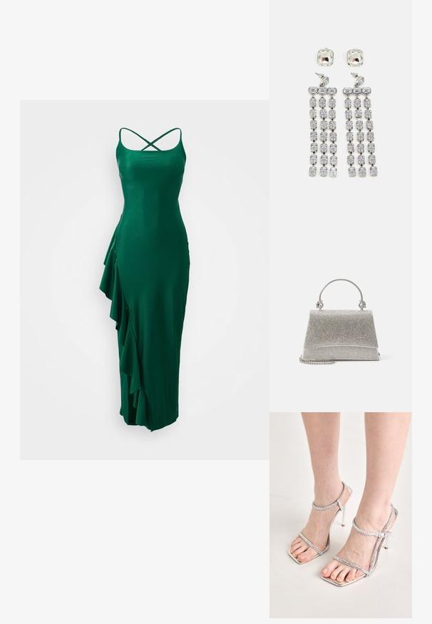 Grünes Satin-Kleid mit Spaghetti-Trägern und einem gekreuzten Rücken, das auf der linken Seite mit einem Rüschendetail und einer enganliegenden Silhouette versehen ist.; Füße, die silberne High-Heelsandalen mit dünnen Riemen und quadratischen Zehen tragen, stehen auf einer hellen Oberfläche.; ALDO FELISIA - Handtasche - silver-coloured; Kristall-Ohrringe mit silberfarbener Hardware, die einen quadratischen Stecker und kaskadierende Reihen von rechteckigen und achteckigen Kristallen aufweisen.