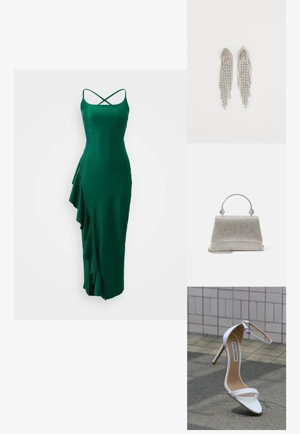Grøn satin kjole med spaghetti-stropper og krydsbag-design, med detaljer i flæser på venstre side og en tætsiddende silhuet.; Hvid højhælet sandal med ankelrem, spids snude, glat lædertekstur og en slank stiletthæl. "Steve Madden" mærke synligt.; ALDO FELISIA - Håndtasker - silver-coloured; Sølvøreringe med et kaskade-design, der har flere rækker af glitrende rhinsten, spidse toppe og delikate kædeaccentueringer.