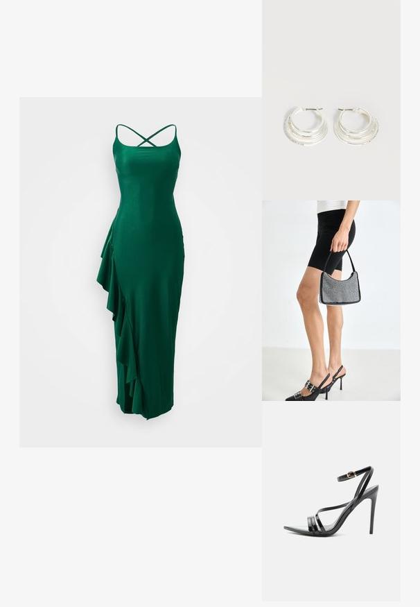 Vestido de satén verde con tirantes spaghetti y un diseño de espalda cruzada, que presenta un detalle de volantes en el lado izquierdo y una silueta ajustada.; Sandalia negra de tacón alto con finas tiras sobre los dedos y el tobillo, con una hebilla dorada en un tacón stiletto delgado.; Bolso de cuentas negras con una silueta curva, asa de transporte y textura brillante. Llevado con zapatos de tacón altos negros y pantalones cortos negros ajustados.; Pendientes de aro de plata con tres bandas semicirculares superpuestas, una adornada con pequeños cristales transparentes sobre un fondo claro.