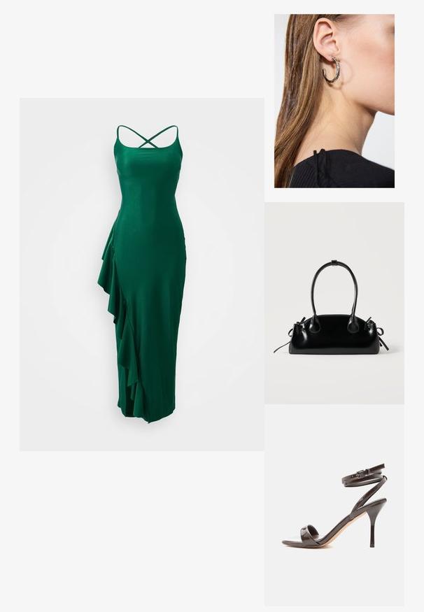 Grünes Satin-Kleid mit Spaghetti-Trägern und einem gekreuzten Rücken, das auf der linken Seite mit einem Rüschendetail und einer enganliegenden Silhouette versehen ist.; Dunkelbraune Sandale aus Lackleder mit hohem Absatz, dünnem Knöchelriemen und offenem Zehenbereich auf weißem Hintergrund.; Kleine schwarze glänzende Handtasche mit zwei langen Griffen und seitlichen Kordelzug-Details vor einfachem hellem Hintergrund.; Silberne Creolen mit polierter Oberfläche, die kleine goldene Akzentdetails und eine runde Form aufweisen, am Ohrläppchen getragen.