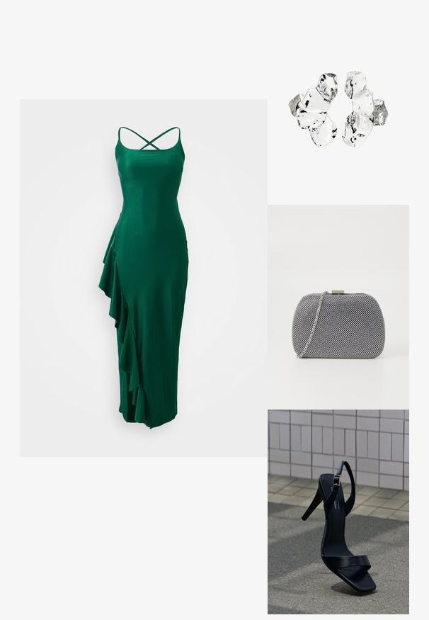 Vestido de satén verde con tirantes spaghetti y un diseño de espalda cruzada, que presenta un detalle de volantes en el lado izquierdo y una silueta ajustada.; Sandalia negra de tacón alto con correa en el tobillo y punta cuadrada, situada sobre el pavimento frente a una pared con azulejos.; Bolso de mano texturizado en blanco y negro con forma redondeada, correa de cadena plateada y un cierre de metal en la parte superior.; Conjunto de seis piezas de forma irregular, translúcidas y reflectantes, similares al vidrio, dispuestas sobre un fondo blanco.