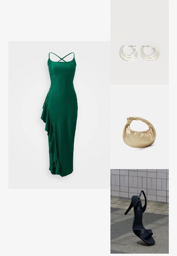 Groene satijnen jurk met spaghettibandjes en een kruisrugontwerp, met een geplooide detail aan de linkerkant en een aansluitende silhouet.; Zwarte sandaal met hoge hak, enkelriem en vierkante neus, geplaatst op het trottoir tegen een betegelde muur op de achtergrond.; Gouden metalen handtas met een gladde, glanzende textuur. Voorzien van een geknoopte handgreep en een ronde, zachte vorm. Ritsluiting aan de bovenkant.; Zilveren oorringen met drie gelaagde halve cirkelvormige banden, waarvan één versierd met kleine heldere kristallen op een lichte achtergrond.
