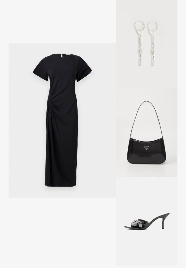 Vestido negro, largo, con mangas cortas, fruncido lateral y apertura en forma de llave en la parte posterior. Confeccionado en una tela suave con una textura lisa.; Mule de charol negro de tacón alto con punta abierta y adornos decorativos plateados, incluyendo una flor y un candado en la tira delantera.; Bolso de hombro de charol negro con forma curva, que presenta un logotipo triangular plateado y un cierre de cremallera. Textura suave y correa delgada.; Pendientes colgantes de plata con cristales transparentes rectangulares y redondos en una línea vertical, asegurados con cierres tipo leverback.