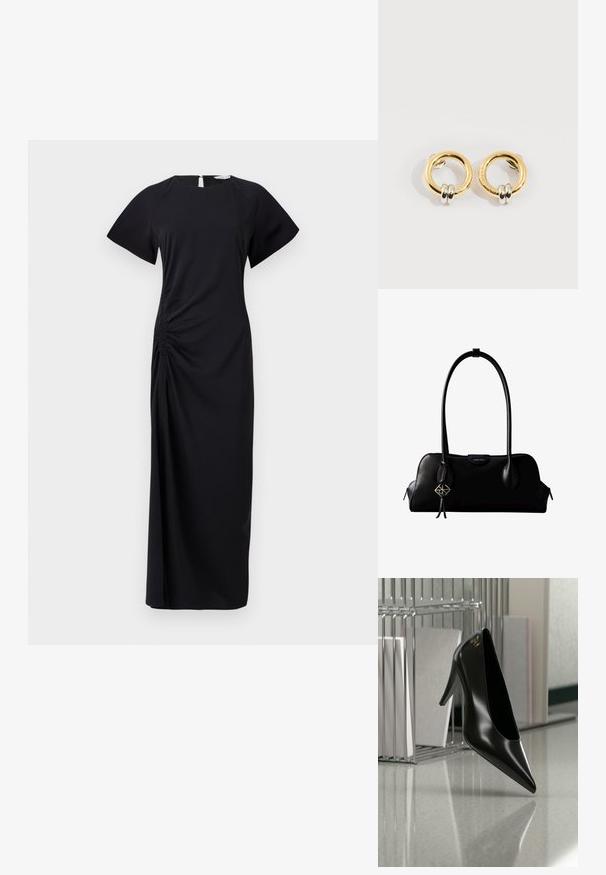 Schwarzes, langes Kleid mit kurzen Ärmeln, seitlichem Raffen und einem Schlüssel-Loch-Ausschnitt im Rücken. Hergestellt aus weichem Stoff mit einer glatten Textur.; Schwarzer High-Heel-Schuh mit spitzer Zehe und goldem Logo, auf einer reflektierenden Oberfläche nahe einem verchromten Draht-Organizer mit Dokumenten positioniert.; Schwarze Lederhandtasche von Calvin Klein mit langem Schulterriemen, seitlichen Reißverschlüssen und einem dekorativen Anhänger, der an einem Riemen hängt.; Goldene runde Ohrringe mit jeweils zwei kleinen silbernen Ringen, die dezent gravierte Markennamen zeigen, vor weißem Hintergrund platziert.