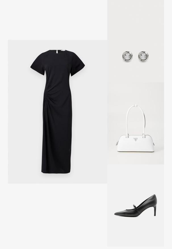 Schwarzes, langes Kleid mit kurzen Ärmeln, seitlichem Raffen und einem Schlüssel-Loch-Ausschnitt im Rücken. Hergestellt aus weichem Stoff mit einer glatten Textur.; Schwarzer Leder-Pumps mit spitzer Zehenpartie, dünnem Riemen und Schnalle über dem Spann, stehend auf hellem neutralem Hintergrund.; Weiße Lederhandtasche mit geschwungener Form, versehen mit einem silbernen dreieckigen Logo und einem Reißverschluss. Glatte Textur und zwei Griffe.; Silberne Metalldorn-Ohrstecker mit runden klaren Kristallen, die eine glatte, polierte Oberfläche und ein kreisförmiges Design mit dezenten, erhöhten Kanten aufweisen.