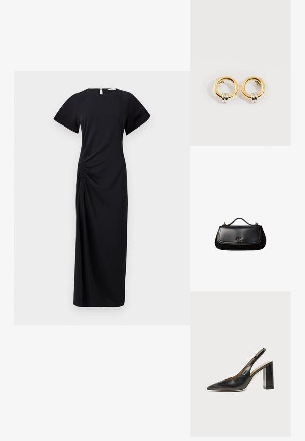 Vestido negro, largo, con mangas cortas, fruncido lateral y apertura en forma de llave en la parte posterior. Confeccionado en una tela suave con una textura lisa.; Zapato slingback de piel negra con puntera puntiaguda, tacón alto y ancho, y forro interior beige sobre un fondo claro y liso.; Bolso de mano negro de piel con un asa pequeña, logo "cK" en tono dorado en la solapa frontal y detalles de herrajes dorados.; Pendientes circulares de oro con dos pequeños anillos de plata en cada uno, que muestran detalles sutiles del nombre de la marca grabado, colocados sobre un fondo blanco.