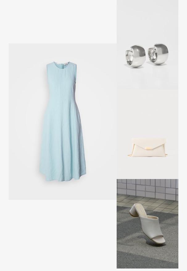 Vestido sin mangas de color azul claro con escote redondo. Hecho de una tela texturizada, tiene una silueta acampanada y un cierre de cremallera en la parte posterior.; Un zapato mule blanco abierto en la punta con tacón ancho sobre suelo pavimentado cerca de una pared de azulejos, inclinado para mostrar vistas lateral y superior.; Bolso de mano en material texturizado de color blanco roto, con una correa de cadena dorada y un cierre con solapa con una placa de nombre dorada. Forma rectangular.; Uncommon Matters SCULPTURAL LARGE CREOLE - Pendientes - silver-coloured