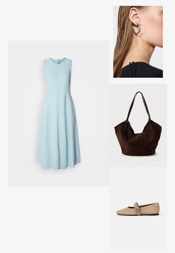Vestido sin mangas de color azul claro con escote redondo. Hecho de una tela texturizada, tiene una silueta acampanada y un cierre de cremallera en la parte posterior.; Bailarinas de ante beige estilo Mary Jane con punta afilada y una sola correa ajustable con hebilla de plata. Suela plana negra.; Bolso de ante marrón con una forma suave y caída. Presenta asas de cuero y un acento de etiqueta. Textura lisa con costuras curvas.; Pendiente de aro de plata con un acabado pulido, que presenta pequeños detalles en dorado y una forma redonda, llevado en el lóbulo.