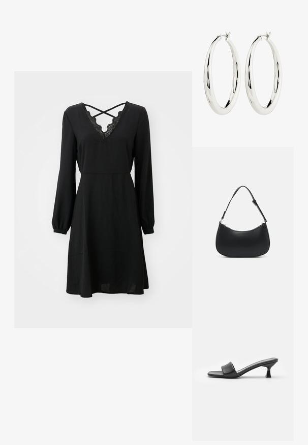 Schwarzes Kleid mit langen Puffärmeln, V-Ausschnitt mit Spitzenbeschichtung, tailliertem Schnitt und schwingendem Rock. Hergestellt aus leichtem, glattem Stoff.; Schwarze Absatzmules mit einem glatten, matten Lederoberteil, offenem Zeh, breitem Riemen über dem Spann und schlankem, quadratischem Absatz.; Pieces PCALUANA SHOULDER BAG - Handtasche - black; Silberne Creolen mit einer glatten, reflektierenden Oberfläche. Runde, große Form mit einem sicheren Verschluss an der Oberseite. Polierte Oberfläche betont den Glanz.