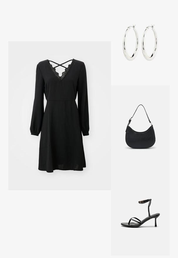 Schwarzes Kleid mit langen Puffärmeln, V-Ausschnitt mit Spitzenbeschichtung, tailliertem Schnitt und schwingendem Rock. Hergestellt aus leichtem, glattem Stoff.; Schwarze High-Heels-Sandalen mit einem schmalen Riemendesign, glatter Textur, Knöchelverschluss und einer spitzen Fußspitze. Verstellbares Knöchelriemchen.; Schwarze Hobo-Tasche aus glattem Leder mit einer geschwungenen Silhouette, ausgestattet mit einem einzelnen verstellbaren Trageriemen und minimalistischem Design.; Silberne Creolen mit einer glatten, glänzenden Oberfläche. Kreisform, ausgestattet mit einem sicheren Verschluss. Einfaches und elegantes Design.