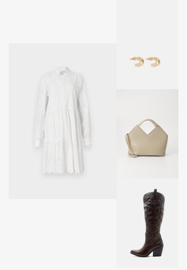 Vestido blanco de manga larga con patrón de ojales, escote alto y falda en capas. Presenta un dobladillo festoneado y un ligero fruncido en la cintura.; Bota vaquera alta de cuero marrón oscuro con patrones decorativos cosidos, punta puntiaguda y tacón de bloque apilado.; Bolso estructurado beige con una parte superior en forma de V, material de cuero suave, asas cortas y una correa larga y ajustable. Diseño minimalista.; Pendientes en forma de media luna de oro con un acabado suave, que presentan acentos naranjas cerca del pasador y herrajes de plata.