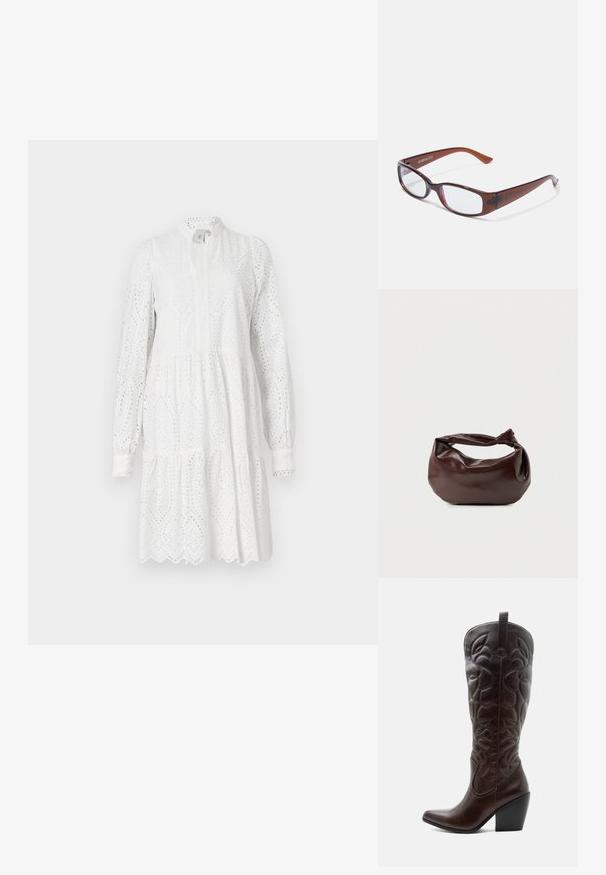 Weißes langärmeliges Kleid mit Stanzmuster, hohem Ausschnitt und gestuftem Rock. Mit gewelltem Saum und leicht gerafftem Bund.; Hoher dunkelbrauner Leder-Cowboystiefel mit gestickten dekorativen Mustern, spitzer Spitze und gestapeltem Blockabsatz.; Braun getönte rechteckige Brille mit glänzender Oberfläche, schlanken Bügeln und transparenten Gläsern. Logo auf dem linken Bügel sichtbar.; Dunkelbraune Lederschultertasche mit weicher, lockerer Form und einem gedrehten Knotengriff vor schlichtem weißem Hintergrund.