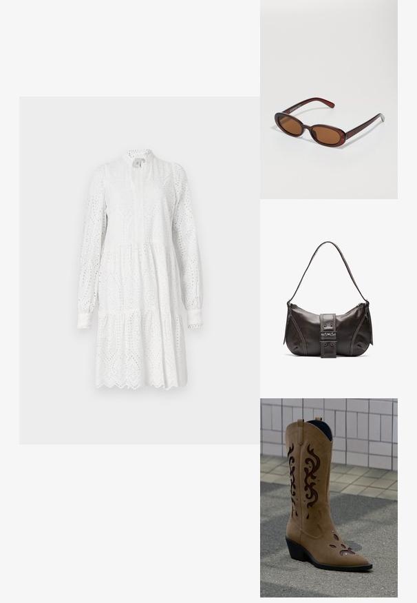 Vestido blanco de manga larga con patrón de ojales, escote alto y falda en capas. Presenta un dobladillo festoneado y un ligero fruncido en la cintura.; Bota de vaquero de ante color topo con recortes decorativos y costuras marrón oscuro, sobre la acera frente a una pared con azulejos.; Gafas de sol redondas con tinte marrón y un marco burdeos brillante. Patillas delgadas con un sutil detalle de marca. Diseño de lentes planos.; Bolso de hombro de cuero marrón con forma curva, que presenta un prominente detalle de hebilla, costuras en contraste y una sola correa para el hombro.