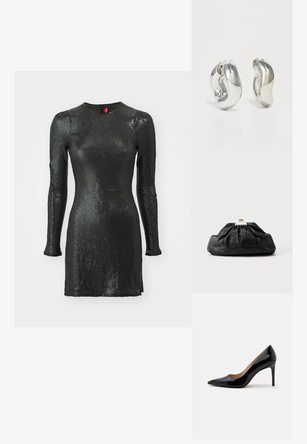 Schwarzes, paillettenbesetztes Kleid mit langen Ärmeln, rundem Ausschnitt, körperbetontem Schnitt und einem Reißverschluss auf der Rückseite. Hat eine glatte Textur und einen glänzenden Finish.; Schwarzer Lackleder-Pumps mit hohem Absatz, spitzer Schuhspitze und Stilettabsatz, seitlich auf einem schlichten weißen Hintergrund dargestellt.; Schwarze Leder-Clutch mit geraffter Textur, Metallverschluss und dezentem, auf der Vorderseite geprägtem Logo. Abgerundete Form.; Silberne skulpturale Ohrringe mit glatten, geschwungenen Formen und reflektierenden Oberflächen. Sie verfügen über ein geschlossenes Ringdesign und eine ausgeprägte organische Form.