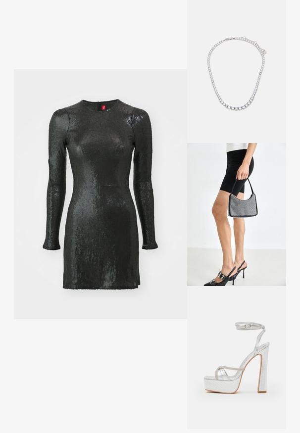 Vestido negro de lentejuelas con mangas largas, escote redondo, corte ajustado al cuerpo y cremallera en la parte posterior. Presenta una textura suave y un acabado brillante.; Sandalias de plataforma plateadas con material texturizado, tira alrededor del tobillo y acentos de strass. Diseño de punta cuadrada y tacón bloque alto.; Bolso de cuentas negras con una silueta curva, asa de transporte y textura brillante. Llevado con zapatos de tacón altos negros y pantalones cortos negros ajustados.; Collar de tono plateado con una serie de piedras redondas y transparentes, dispuestas muy juntas, y cierre de langosta.