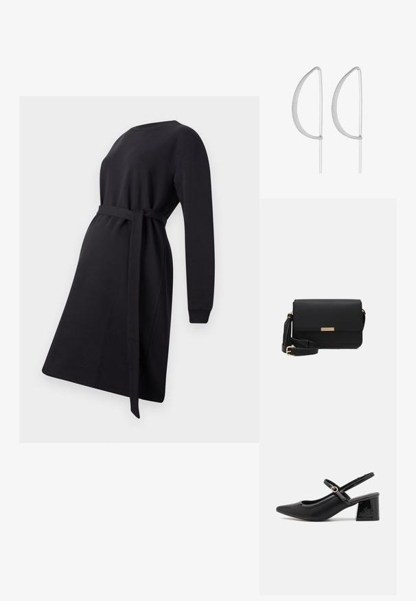 Vestido de maternidad negro hecho de tela suave, con mangas largas, un escote redondo y un cinturón atado en la cintura para ajuste.; Tacones slingback de charol negro con punta afilada, un diseño de corte redondeado y tacón bloque. Incluye un detalle de hebilla en tono dorado.; Bolso cruzado de cuero negro con cierre de solapa, acentos en dorado, correa ajustable y superficie texturizada. Forma rectangular compacta.; Pendientes de metal plateado con un diseño curvado minimalista, que presentan formas de lágrima abiertas y alargadas con un acabado mate.
