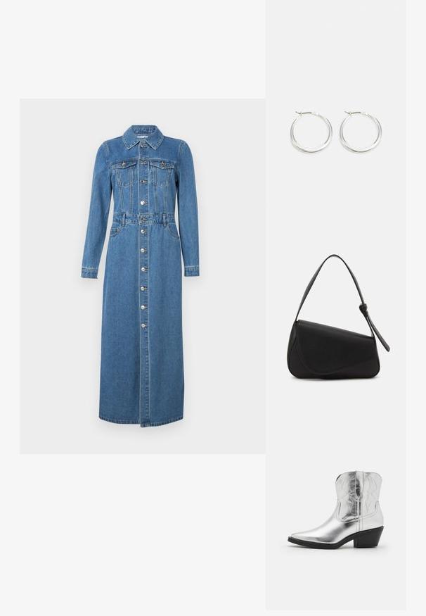 Denim jurk met lange mouwen, knoopsluiting aan de voorkant, twee borstzakken, getailleerde taille en rechte midi-lengte zoom. Lichtblauwe kleur en klassieke kraag.; Zilveren leren cowboylaarzen met een spitse neus, gestikte details op de schacht en een gematigde zwarte hak. Gladde en glanzende oppervlakte.; Zwart leren handtas met een driehoekige vorm, schuine klep en een ronde handgreep. Heeft een gladde textuur en minimalistische ontwerpelementen.; Zilveren hoop oorbellen hebben een glad, rond ontwerp met een dun profiel en een veilige sluiting. Minimalistische stijl met een gepolijste afwerking.