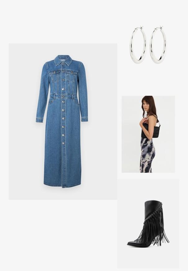 Denim jurk met lange mouwen, knoopsluiting aan de voorkant, twee borstzakken, getailleerde taille en rechte midi-lengte zoom. Lichtblauwe kleur en klassieke kraag.; Zwarte enkellaars met hoge hak, schuine franjes en metalen oogjes langs de bovenrand, puntige neus en naaldhak.; Zwarte gewatteerde schoudertas met een enkele strap en zilveren hardware, gecombineerd met een fitted, tie-dye patroon jurk in tinten zwart en crème.; Zilveren oorbellen in de vorm van een gladde, glanzende ring. Circulaire vorm, voorzien van een veilige sluiting. Eenvoudig en elegant ontwerp.