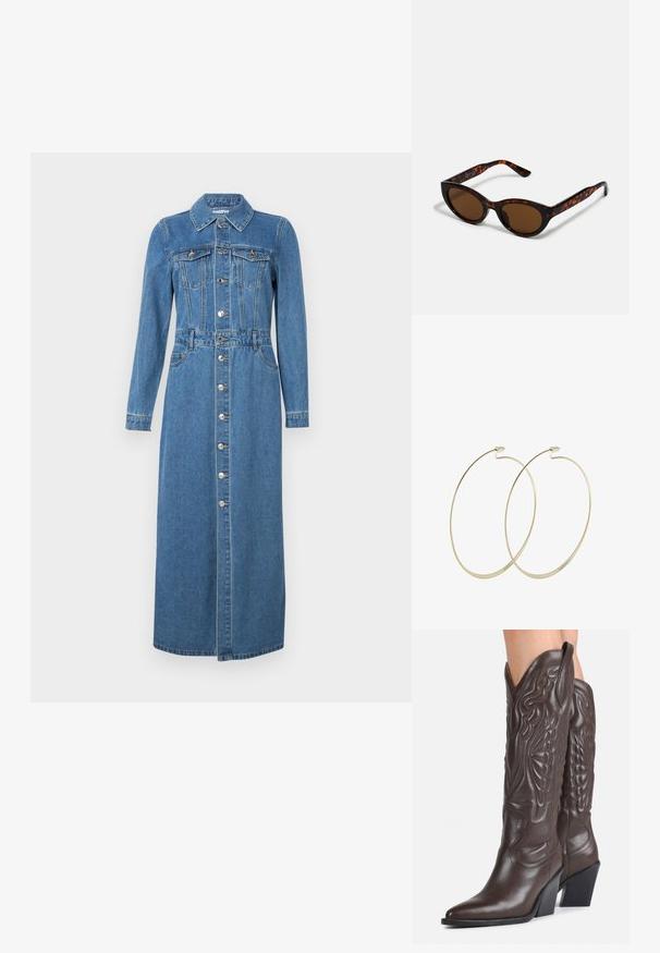 Denim jurk met lange mouwen, knoopsluiting aan de voorkant, twee borstzakken, getailleerde taille en rechte midi-lengte zoom. Lichtblauwe kleur en klassieke kraag.; Donkerbruine leren cowboylaarzen tot over de knie met puntige neuzen, decoratieve stiksels en schuine blokhakken gedragen door een persoon.; Bruine schildpad zonnebril met een vintage cat-eye vorm en bruine lenzen. Heeft gebogen armen met rode accenten.; Pilgrim Oorbellen - gold-coloured