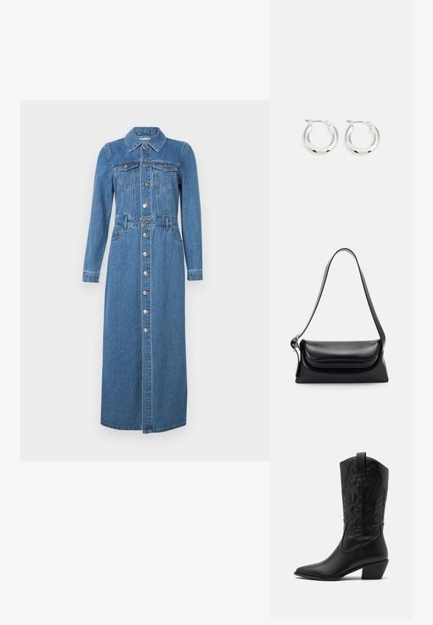 Denim jurk met lange mouwen, knoopsluiting aan de voorkant, twee borstzakken, getailleerde taille en rechte midi-lengte zoom. Lichtblauwe kleur en klassieke kraag.; Zwarte leren cowboylaars met een spitse neus, gegraveerde draaiende patronen en een halfhoge hak. Voorzien van een trekhaak voor gemakkelijk aan- en uittrekken.; Zwarte leren handtas met een gestructureerde vorm, een gladde textuur en een enkele schouderband. Heeft een subtiele, afgeronde klepontwerp.; Zilveren oorbellen in de vorm van een ring met een gepolijste afwerking, met een cirkelvorm en een scharnierende postsluiting. Glad oppervlak met minimale details.
