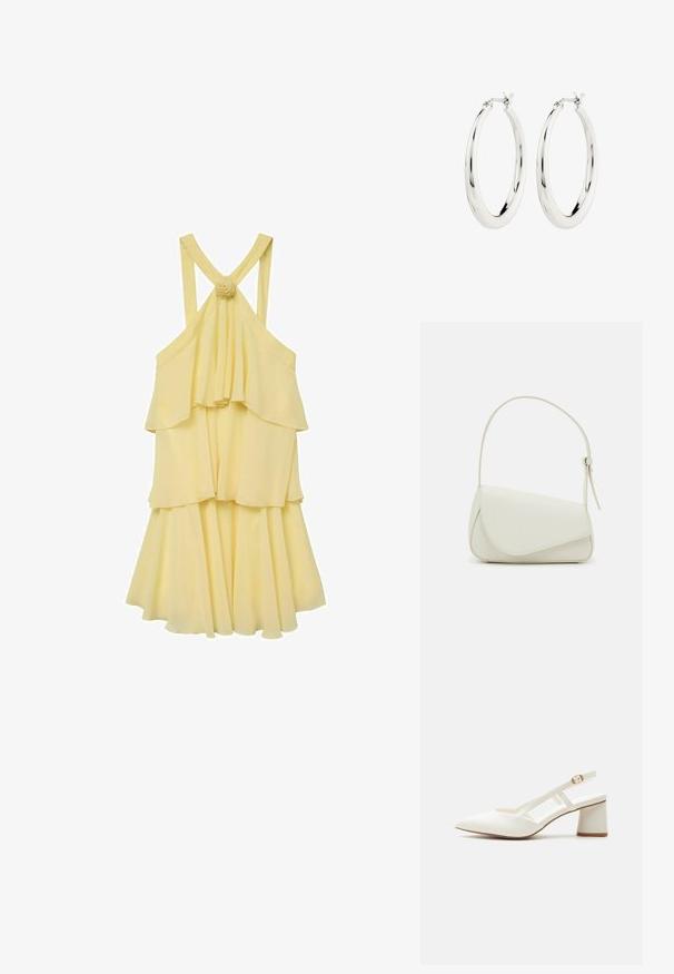 Vestido amarillo de capas con un diseño fluido, que presenta tirantes finos y una parte trasera fruncida. Acentuado con un detalle de flor en los tirantes.; Zapato slingback blanco con tacón bajo de bloque, punta afilada, tira delgada ajustable y hebilla dorada sobre un fondo liso.; Bolso de mano de imitación cuero blanco con una forma triangular estructurada, correa ajustable única y cierre con solapa acentuada en curva.; Pendientes de aro de plata con un acabado suave y brillante. Forma circular, con un cierre seguro. Diseño sencillo y elegante.