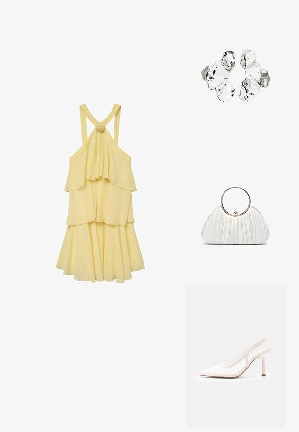 Vestido amarillo de capas con un diseño fluido, que presenta tirantes finos y una parte trasera fruncida. Acentuado con un detalle de flor en los tirantes.; Zapato de tacón alto blanco con puntera puntiaguda, tira trasera y parte superior de encaje de malla, sobre un fondo liso de color gris claro.; Bolso de mano blanco plisado con un asa circular dorada, que presenta un tejido suave y una forma redondeada. Diseño elegante con un acabado texturizado.; Conjunto de seis piezas de forma irregular, translúcidas y reflectantes, similares al vidrio, dispuestas sobre un fondo blanco.