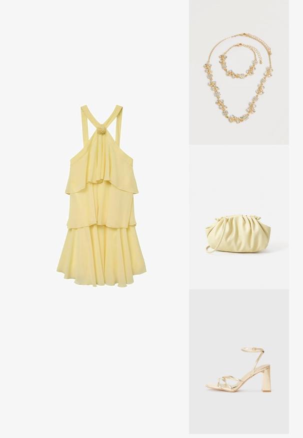 Vestido amarillo de capas con un diseño fluido, que presenta tirantes finos y una parte trasera fruncida. Acentuado con un detalle de flor en los tirantes.; Sandalia de tacón alto dorada con punta cuadrada, correas entrelazadas y correa en el tobillo. Acabado brillante y un tacón ancho que proporciona estabilidad.; Bolso amarillo plisado hecho de cuero sintético suave, con una forma blanda y una sola correa para el hombro, además de un diseño de parte superior recogida.; Juego de collar y pulsera en tono dorado con diseños florales y de hojas de cristal claro, ambos con cierres de cadena ajustables sobre un fondo blanco.