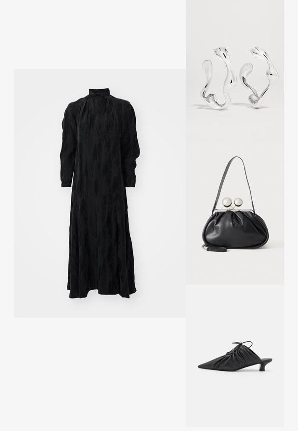 Schwarzes Langarmkleid mit hohem Kragen, das eine fließende Silhouette, strukturierte Stoffe und unauffällige Nähte für einen nahtlosen Look bietet.; Schwarze Leder-Mules zum Hineinschlüpfen mit spitzer Zehe, geraffter Textur und kleinem Kitten-Heel. Verfügt über ein Zugbanddetail am Öffnung.; Schwarze Ledertasche mit gerafftem Design, einem einzelnen Riemen, silbernem Metallrahmen und zwei großen runden silbernen Verschlüssen.; Ohrreifen in Silberoptik mit abstrakt gewellter Form, glatter, reflektierender Oberfläche und unregelmäßigen organischen Formen.