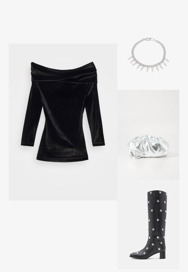 GmbH OFF SHOULDER MINI DRESS - Cocktail φόρεμα / Φόρεμα για πάρτι - black; Μαύρες δερμάτινες μπότες έως το γόνατο με ασημένιες τρουκς τοποθετημένες ομοιόμορφα σε όλη την επιφάνεια, με τετράγωνη μύτη και χοντρό τακούνι.; Μεταλλική ασημένια τσάντα χερίου με απαλή, συγκεντρωμένη δομή και λεπτό λουρί ώμου. Διαθέτει λεία, γυαλιστερή υφή και στρογγυλό σχήμα.; Ασημένια βραχιόλι αλυσίδας με εναλλασσόμενες αιχμές και μαργαρίτες, διαθέτοντας ασφαλές κλείσιμο και γυαλιστερή φινίρισμα.