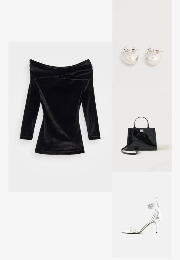GmbH OFF SHOULDER MINI DRESS - Cocktail φόρεμα / Φόρεμα για πάρτι - black; Ασημένιο σανδάλι με ψηλό τακούνι, λεπτά λουράκια, περιτύλιγμα στον αστράγαλο και λεπτό τακούνι στιλέτο σε απλό λευκό φόντο.; Μαύρη τσάντα χειρός από πατενταρισμένο δέρμα με στρογγυλεμένες λαβές, αποσπώμενο ιμάντα ώμου και ασημένιο κούμπωμα σε απλό λευκό φόντο.; Ζευγάρι από λαμπερά ασημένια μεγάλα σκουλαρίκια κρίκους με κούμπωμα πίσω, σε απλό λευκό φόντο.