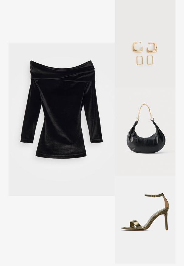 GmbH OFF SHOULDER MINI DRESS - Cocktail φόρεμα / Φόρεμα για πάρτι - black; Χρυσή ψηλή σανδάλι με λουράκι στον αστράγαλο και πόρπη, ανοιχτό μπροστινό μέρος, λεπτό τακούνι στιλέτο και γυαλιστερή μεταλλική επιφάνεια σε απλό φόντο.; Μαύρη τσάντα χειρός από δέρμα σε σχήμα ημισελήνου με λουρί από χρυσή αλυσίδα και φερμουάρ στο πλάι.; Δύο ζευγάρια χρυσούς γεωμετρικούς κρίκους σκουλαρίκια σε λευκή, απλή επιφάνεια, ένα ζευγάρι τετράγωνα και συμπαγή, ένα ζευγάρι ορθογώνια και κούφια.