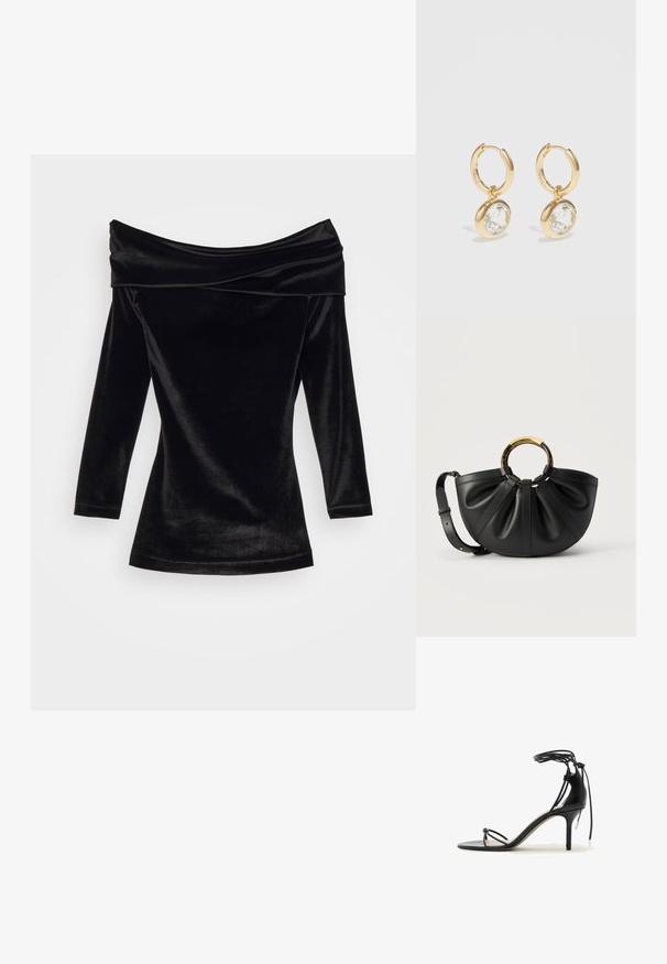 GmbH OFF SHOULDER MINI DRESS - Cocktail φόρεμα / Φόρεμα για πάρτι - black; Μαύρο σανδάλι με ψηλό τακούνι, λεπτά λουράκια, δέσιμο στο αστράγαλο και μεσαίου ύψους τακούνι στιλέτο σε λευκό φόντο.; Μαύρη δερμάτινη τσάντα χειρός με πτυχώσεις, χρυσή και καμηλοπάρδαλη στρογγυλή λαβή, και ρυθμιζόμενο λουρί ώμου σε λευκό φόντο.; Χρυσά σκουλαρίκια κρίκοι με διαφανές κρύσταλλο σε σχήμα σφαίρας, λεία υφή και γυαλιστερό φινίρισμα.