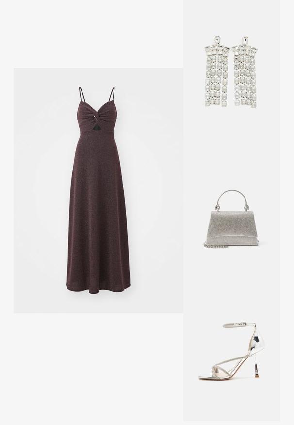 Langes burgunderfarbenes Kleid mit tailliertem Oberteil, gedrehtem Vorderteil, dünnen verstellbaren Trägern und einem fließenden, strukturierten Rock. Enthält einen kleinen Ausschnitt.; Silberne High-Heels-Sandalen mit einem Riemen-Design, schimmerndem Material, Strassakzenten und einem schmalen Knöchelriemen. Quadratische Zehenpartie und polierter Absatz.; ALDO FELISIA - Handtasche - silver-coloured; Kristall-Tropfenohrringe mit silberfarbener Hardware, die mit mehreren rechteckigen und quadratischen Edelsteinen in kaskadierenden Reihen angeordnet sind.