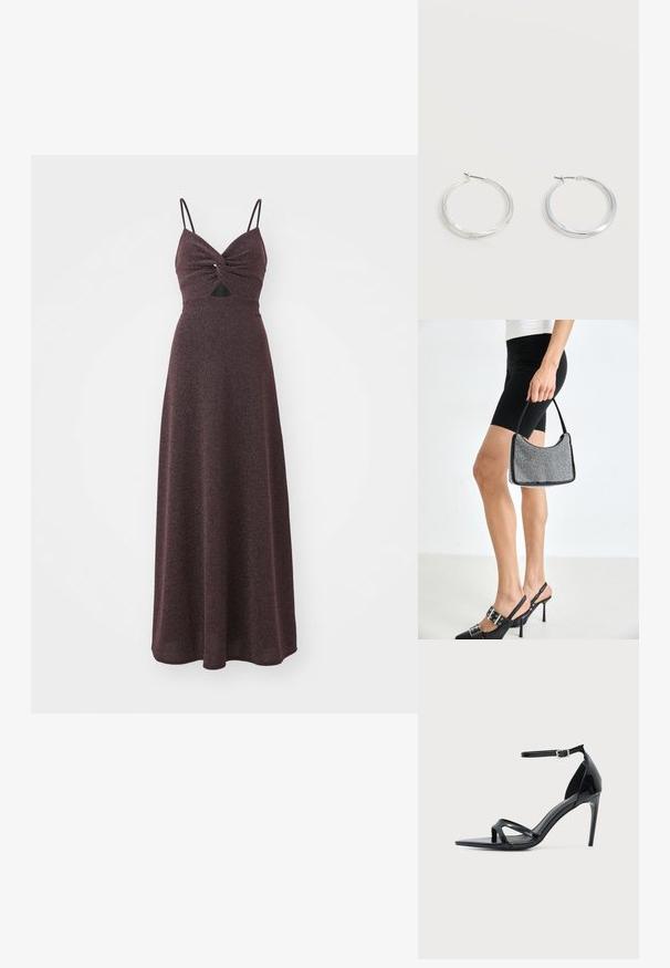 Langes burgunderfarbenes Kleid mit tailliertem Oberteil, gedrehtem Vorderteil, dünnen verstellbaren Trägern und einem fließenden, strukturierten Rock. Enthält einen kleinen Ausschnitt.; Schwarze Sandale aus Lackleder mit hohem Absatz, dünnem Knöchelriemen, offenem Zehenbereich und minimalistischem Design auf hellem, einfarbigem Hintergrund.; Schwarze Perlen-Handtasche mit geschwungener Silhouette, Tragegriff und glänzender Textur. Kombiniert mit schwarzen High Heels und enganliegenden schwarzen Shorts.; Silberne Metallcreolen mit glatter, leicht gebogener Oberfläche und Klappverschluss vor schlicht weißem Hintergrund.