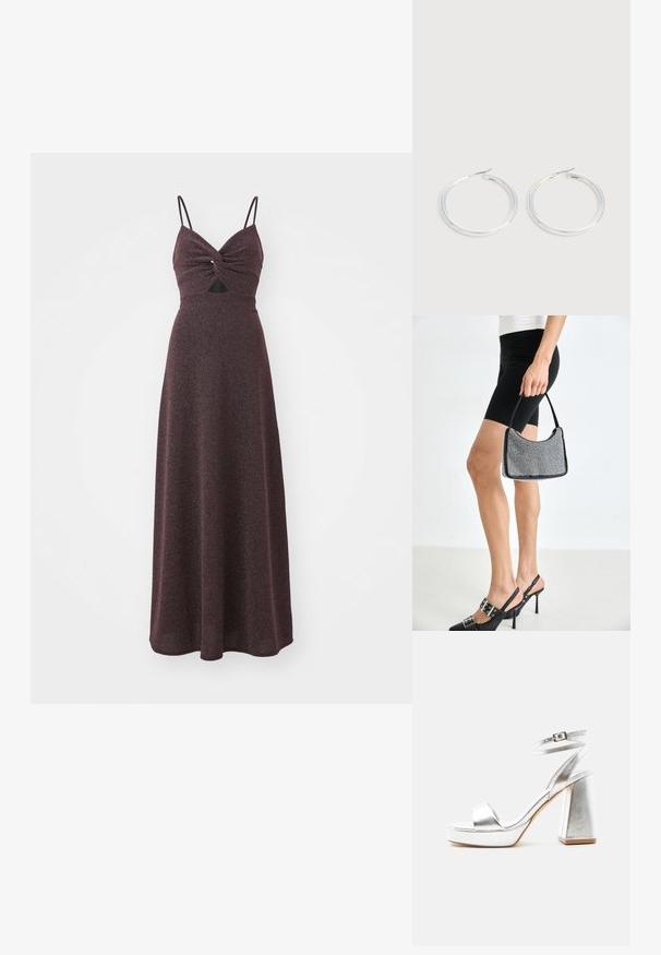 Lange bordeauxrode jurk met een getailleerde lijfje, gedraaide voorkant, dunne verstelbare bandjes en een vloeiende textuurskirt. Inclusief een kleine uitsnede.; Zilveren metallic sandaal met hoge hak, enkelbandje, blokhak en open teen op een effen lichte achtergrond.; Zwarte beaded handtas met een gebogen silhouet, draaghandvat en glanzende textuur. Draagt bij hoge zwarte hakken en strakke zwarte shorts.; Een paar glanzende zilveren oorringen met dunne draadafsluitingen, getoond op een lichtgrijze achtergrond.
